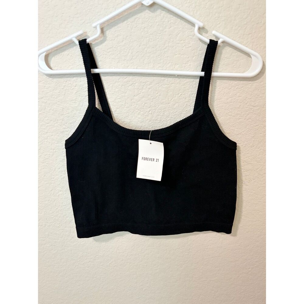Forever 21 Black Ribbed Cropped Cami Tank Top Womens Size M NWT